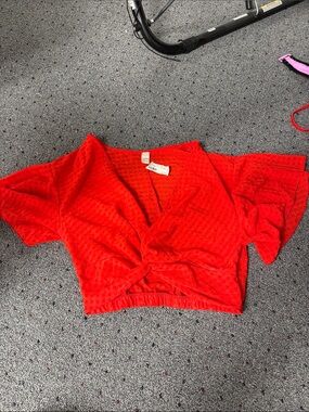 Twist-Front Red Crop Top with Flutter Sleeves